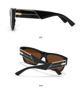 Detail view of modern square sunglasses featuring black frames with gold stepped accents