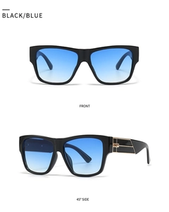 Detail view of square sunglasses with gold hollow temples and blue gradient lenses