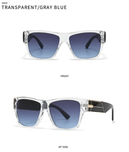 Transparent sunglasses with gray blue gradient lenses showing front and side profile views