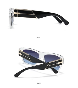 Side and back view of fashion square sunglasses with gold cross metal hinge detail