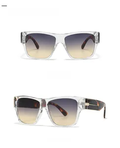 Front and 45-degree side views of transparent square sunglasses with gray tea gradient lenses