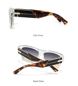 Detailed side and back view showing tortoise pattern temples on transparent frame sunglasses