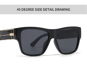 Detailed 45-degree side view of modern square sunglasses with gold metal geometric temple accents