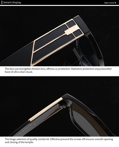 Detail of square sunglasses featuring thick black frames and gold geometric metal temple accents