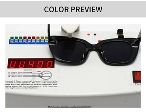 UV400 testing view of oval sunglasses with protective lenses and black plastic frames