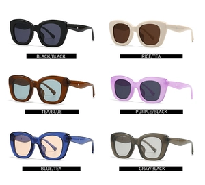 Group display of oval retro sunglasses in six different frame and lens color options