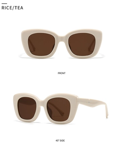 Detail view of oval sunglasses in beige frame and tea lenses from front and side angles