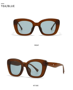 Front and side view of retro oval sunglasses with tea frame and light blue lenses