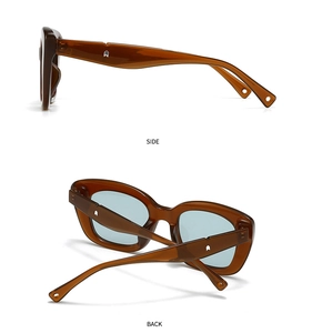 Side and back view of retro oval tortoiseshell sunglasses with blue lenses and metal logo