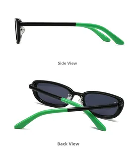Detail view of two-tone sunglasses with black frames and vibrant green temple tips