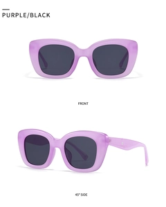 Front and side view of modern retro purple oval sunglasses with dark grey lenses