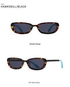 Front and 45-degree side view of tortoiseshell sunglasses with blue temple tips