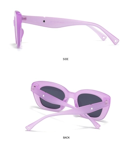 Detail view of lavender square sunglasses showing side and back perspectives with silver studs