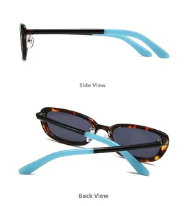 Detail view of tortoiseshell sunglasses featuring black lenses and bicolor blue temple tips