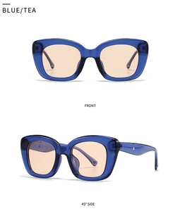 Detailed front and side views of vintage blue square sunglasses with tea lenses