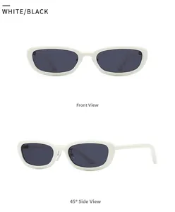 Front and 45-degree side view of oval minimalist white sunglasses with black lenses