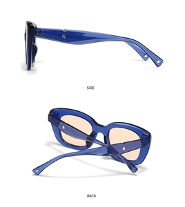 Side and back view of blue oval sunglasses with silver arrow detail and tea lenses