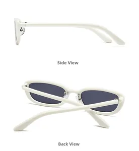 Side and back view of retro white oval sunglasses with dark grey lenses in detail