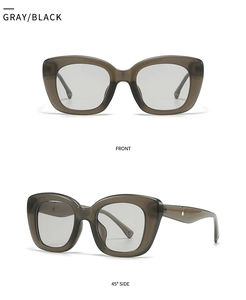 Front and 45-degree side views of retro oval sunglasses with translucent gray frames