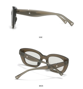 Side and back view of grey translucent oval sunglasses with silver arrow rivet detailing