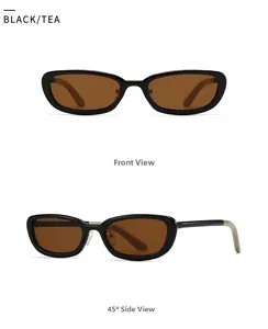 Front and 45-degree side view of oval narrow sunglasses with black frame and tea lenses