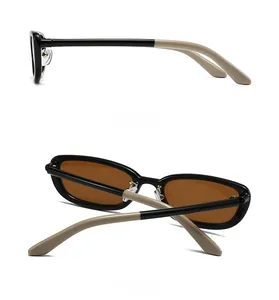 Detailed side and back view of retro two-tone sunglasses with black and beige frames