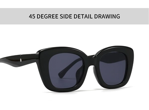 Detailed 45-degree side view of retro oval sunglasses with silver rivet accents on black frame
