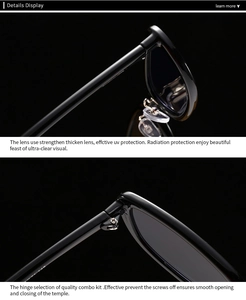 Close-up of high-quality hinges and UV protection lenses on retro black sunglasses