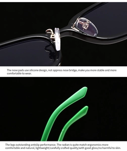 Detail of soft silicone nose pads and ergonomic green anti-slip temples of sunglasses