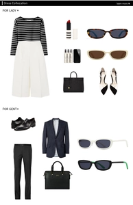 Flat lay of vintage style sunglasses with professional fashion OOTD clothing outfits