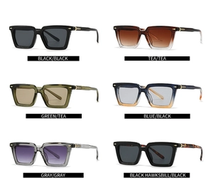 Collage de gafas de sol retro cuadradas en seis colores con detalles de flecha dorada