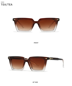 Vista frontal y lateral de gafas de sol cuadradas vintage con detalles de flecha dorada