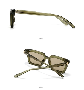 Detalle de gafas de sol cuadradas verde oscuro con bisagra en T dorada y lentes marrones