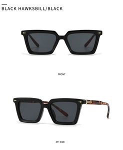 Vistas frontal y lateral de 45 grados de gafas de sol cuadradas negras con patillas de carey