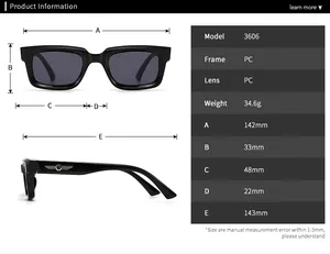 Detailed size specifications and dimensions guide for rectangle black frame sunglasses