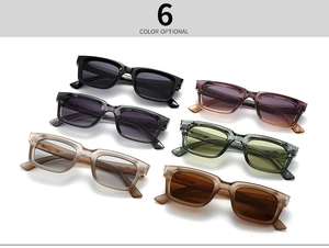 Detailed flat lay of rectangular sunglasses in six assorted colors on white background