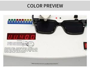 Detail view of rectangular sunglasses undergoing a UV400 ultraviolet protection test