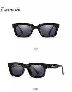 Front and 45-degree side view of black square sunglasses with silver wing logo detail