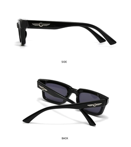 Side and back view of black square sunglasses with silver wing-shaped logo details