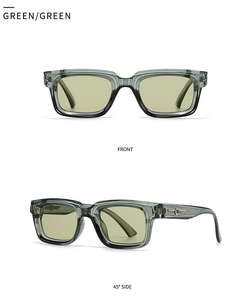 Detailed views of translucent green square sunglasses with silver wing temple accents