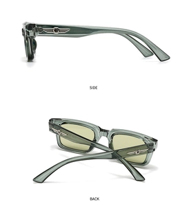 Side and back views of square translucent grey-green sunglasses with silver wing accents