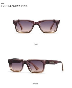 Detail view of purple-gray pink gradient sunglasses with metallic wing logo on the temples