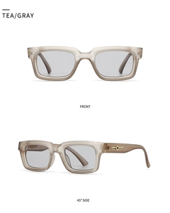 Front and 45 degree views of square tea gray sunglasses with golden wing details