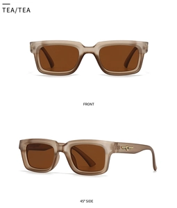 Front and 45-degree views of translucent tea square sunglasses with gold wing logos