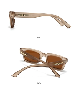 Detail view of tea brown rectangle sunglasses featuring golden wing metal logo on temples