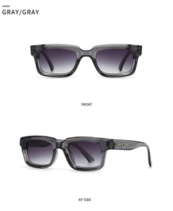 Detailed front and side view of rectangular gray sunglasses with gradient lenses