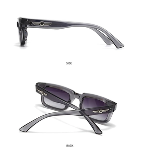 Detail of dark gray translucent square frame sunglasses with golden wing logo on temple