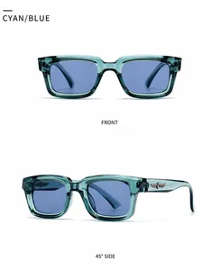 Cyan blue square sunglasses featuring silver wing details and blue tinted lenses