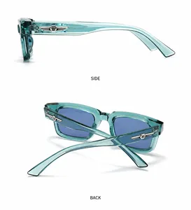 Detail view of teal rectangle sunglasses showing side and back angles with metal accents