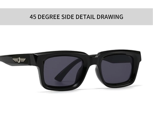 Side view of square sunglasses featuring silver metal wing logo on black thick frames